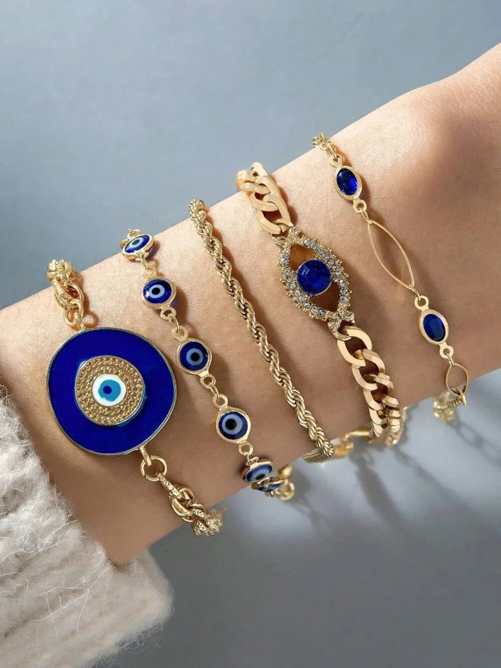 🧿 5PC Evil Eye Bracelet Set Blue Gold Rhinestone Layered Jewelry